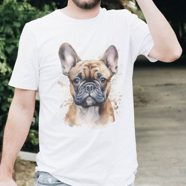 French Bulldog WB0546 19 Тениска с френски булдог отблизо, акварелен портрет, бял органичен памук