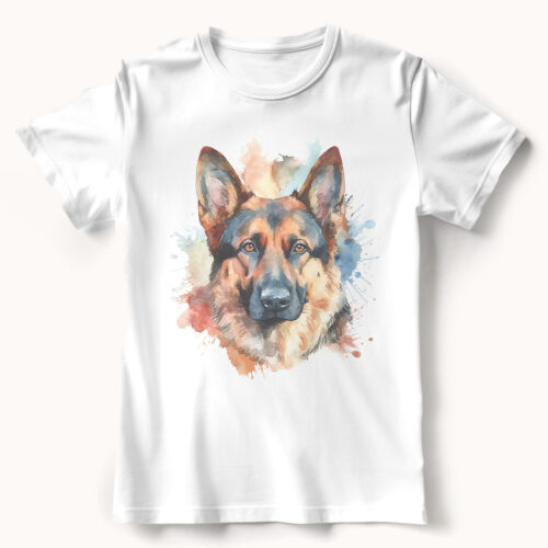 German_Shepherd WB0555 21 Тениска с немска овчарка, акварел в синьо и охра