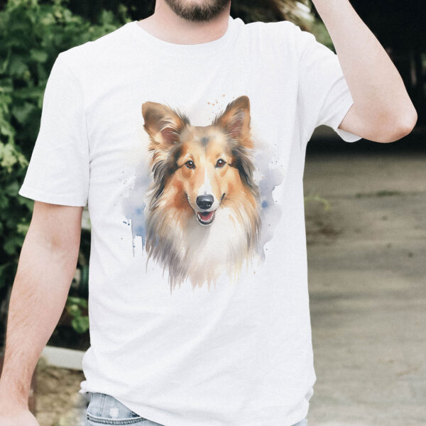 Sheltie WB0607 19 Тениска с шелти, акварелен портрет в кремаво, бял органичен памук