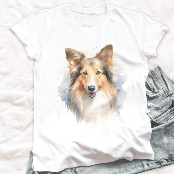 Sheltie WB0607 20 Шелти, акварелен портрет в кремаво върху бял памук