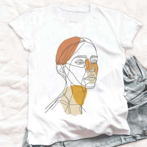Тениска с женски портрет в охра, line art, бял органичен памук