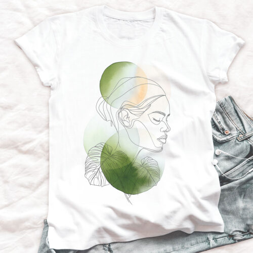 Тениска с женски профил в зелено, line art, бял органичен памук