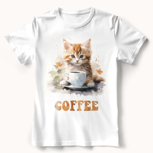 Тениска с котенце с чаша кафе
