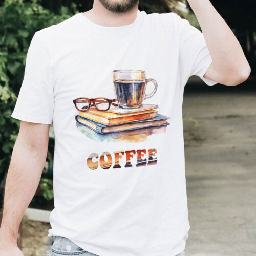 Тениска с кафе върху книги и надпис Coffee, бял органичен памук