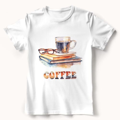 Тениска с кафе върху книги и надпис Coffee