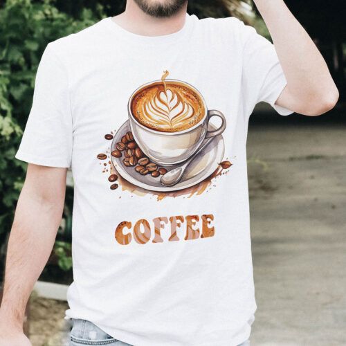 Тениска с лате арт и надпис Coffee, бял органичен памук