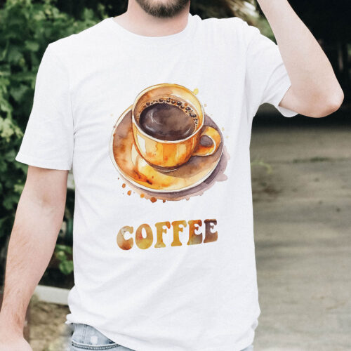 Тениска с чаша черно кафе и надпис Coffee, бял органичен памук