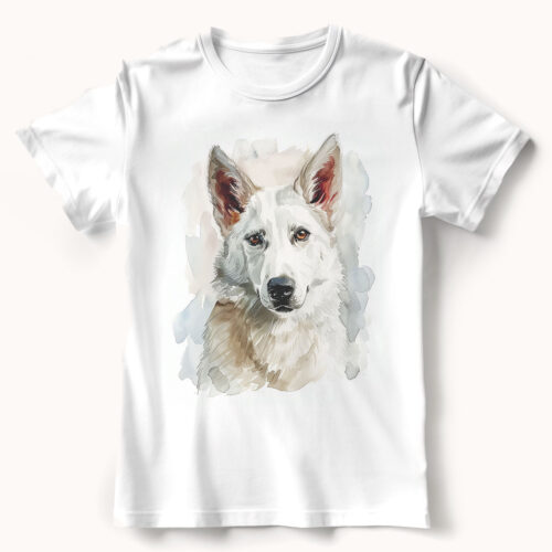 WB0713 white german shepherd 23 Тениска с бяла швейцарска овчарка, акварелен портрет