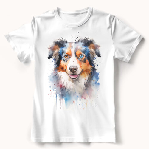WB0715 mini aussie shepherd 23 Тениска с мини австралийска овчарка, акварел с пръски