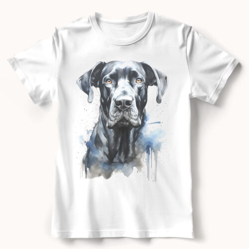 WB0734 Black Great Dane 23 Тениска с черен немски дог, акварелен портрет