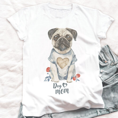 Тениска с надпис Dog Mom и мопс с елече, бял органичен памук