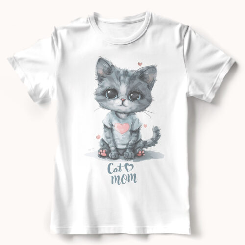 Тениска с надпис Cat Mom и сиво коте със сърце