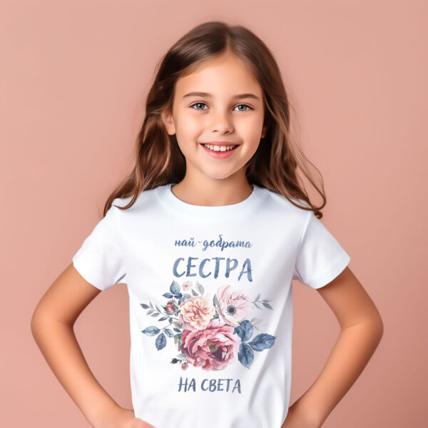 Уникална тениска за подарък за сестра с текст Тениска с надпис Най-добрата сестра на света, бял органичен памук