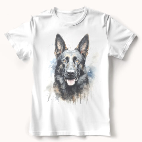 black german shepherd WB0718 23 Тениска с черна немска овчарка, акварелен портрет