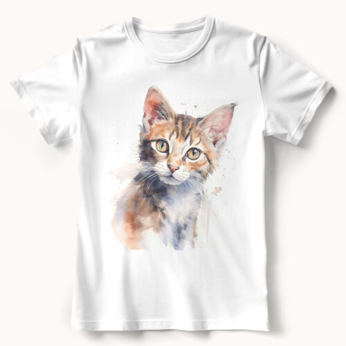 cat WB0496 21 Тениска с шарено коте, акварелен портрет