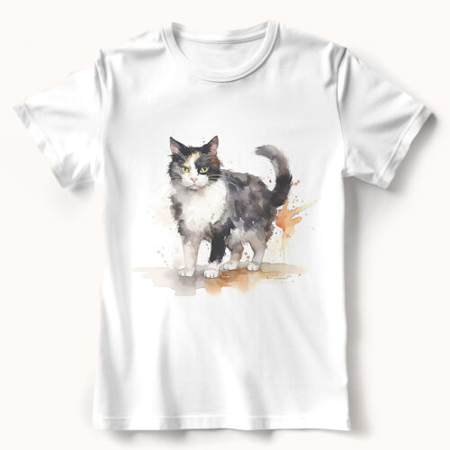 cat WB0499 21 Тениска с черно-бяла котка в движение, акварел