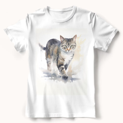 cat WB0503 21 Тениска със сива котка в движение, акварел