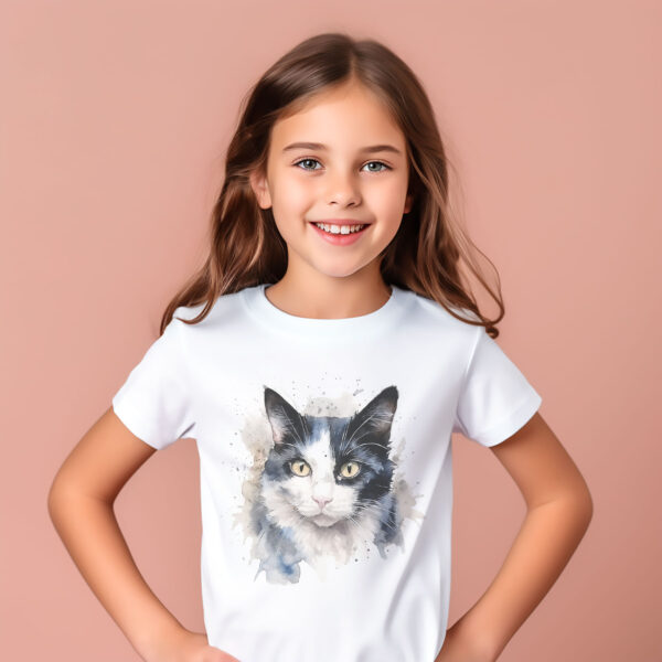 cat WB0504 10 Тениска с черно-бяла котка, акварелен портрет, унисекс кройка