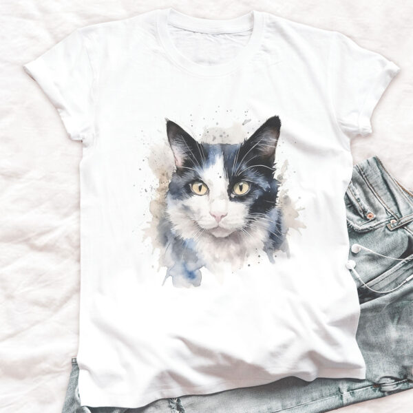 cat WB0504 20 Черно-бяла котка, акварелен портрет върху бял памук