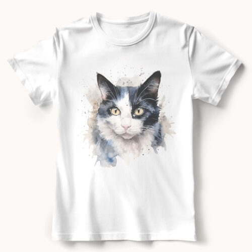 cat WB0504 21 Тениска с черно-бяла котка, акварелен портрет