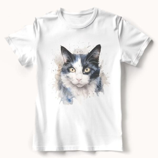cat WB0504 21 Тениска с черно-бяла котка, акварелен портрет