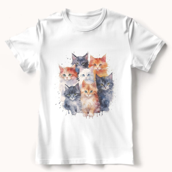 cat WB0506 21 Тениска с група котки, акварелен портрет