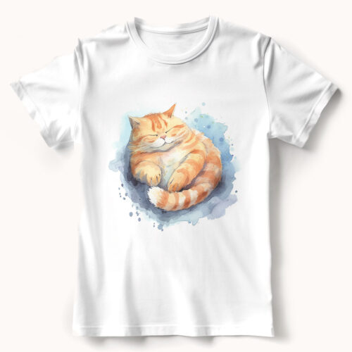 cat WB0528 21 Тениска със свита на кълбо рижава котка, акварел