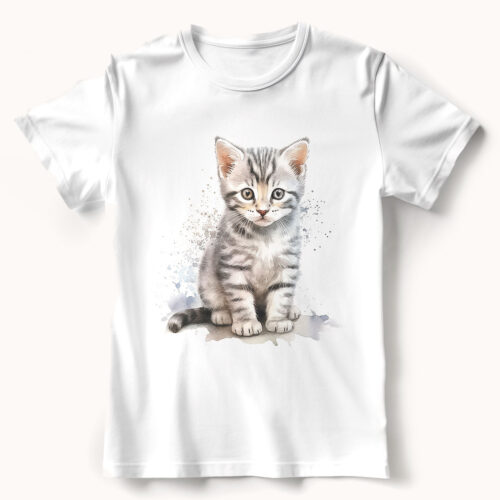 cat WB0561 21 Тениска със сиво раирано коте, акварел