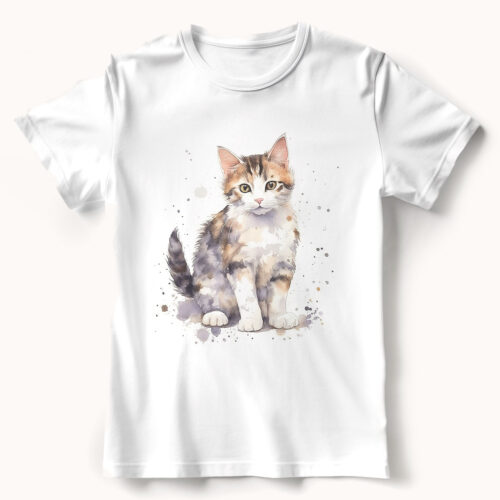 cat WB0563 21 Тениска с шарено коте с вдигната опашка, акварел