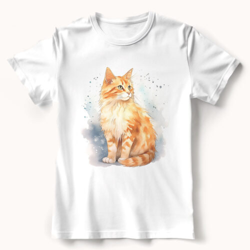 cat WB0578 21 Тениска с рижава котка с раирана козина, акварел