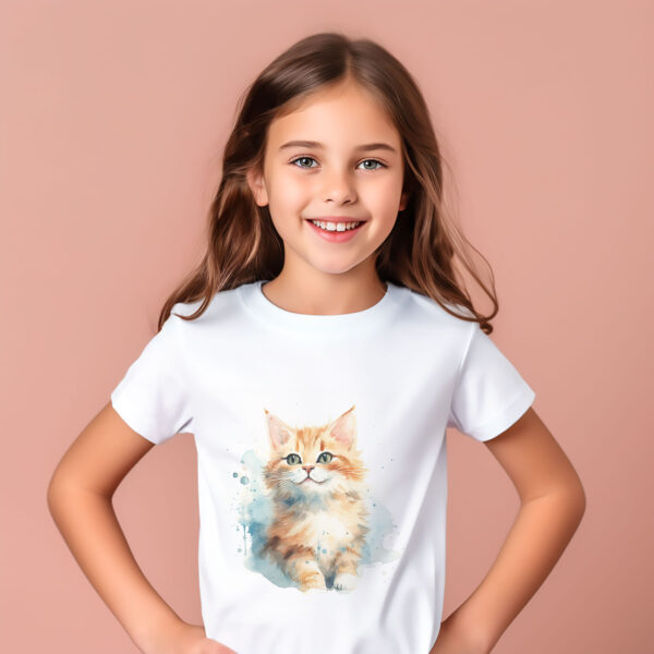 cat WB0619 10 Тениска с рижаво котенце, акварел с бледосини акценти, унисекс кройка