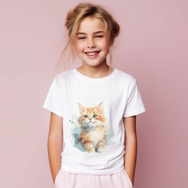 cat WB0619 11 Тениска с рижаво котенце, акварел с бледосини акценти, детайл от щампата