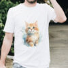 cat WB0619 19 Тениска с рижаво котенце, акварел с бледосини акценти, бял органичен памук