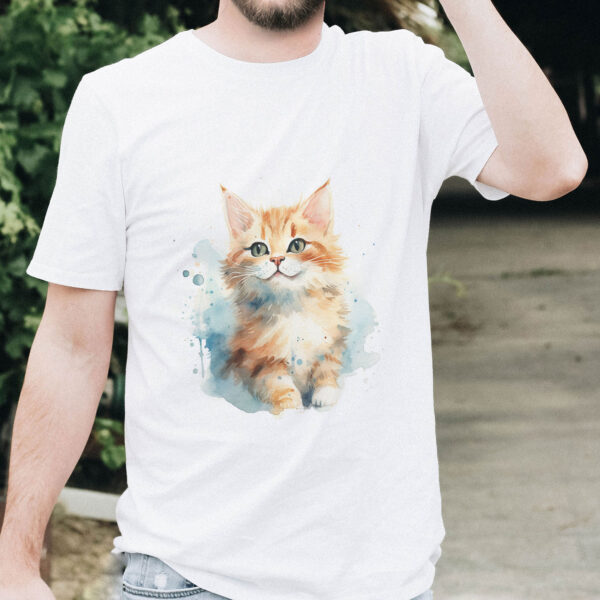 cat WB0619 19 Тениска с рижаво котенце, акварел с бледосини акценти, бял органичен памук