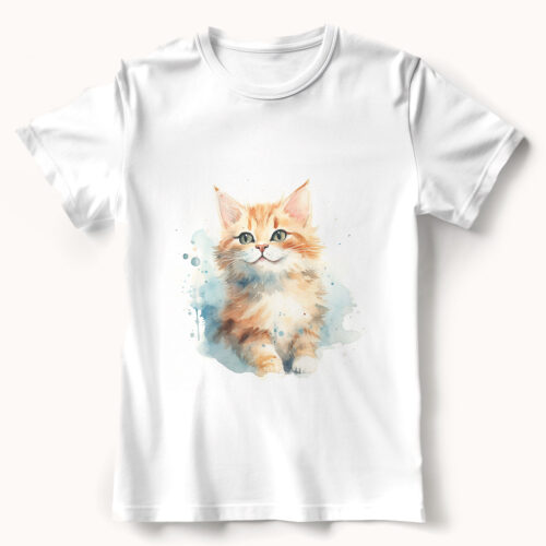 cat WB0619 21 Тениска с рижаво котенце, акварел с бледосини акценти