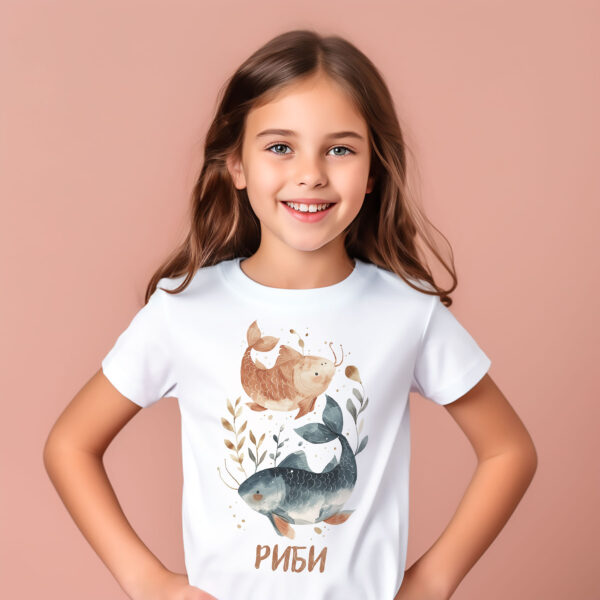 Тениски, арт чаши, декоративни възглавници и картини със зодии 80 Уникална памучна детска тениска със зодия Риби 4