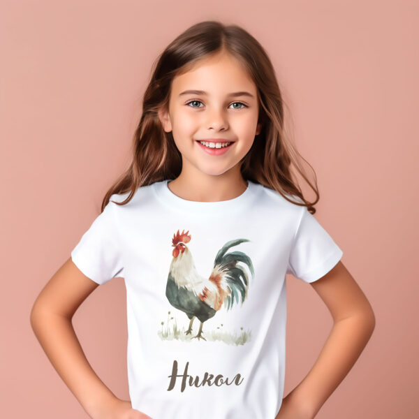 Chicken WB0975 15 Детска тениска с петел, бял органичен памук