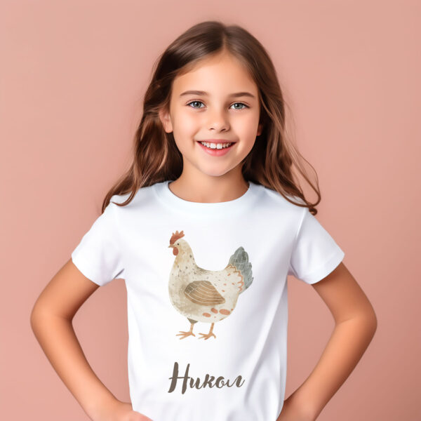 Chicken WB0976 15 Детска тениска с кокошка, бял органичен памук
