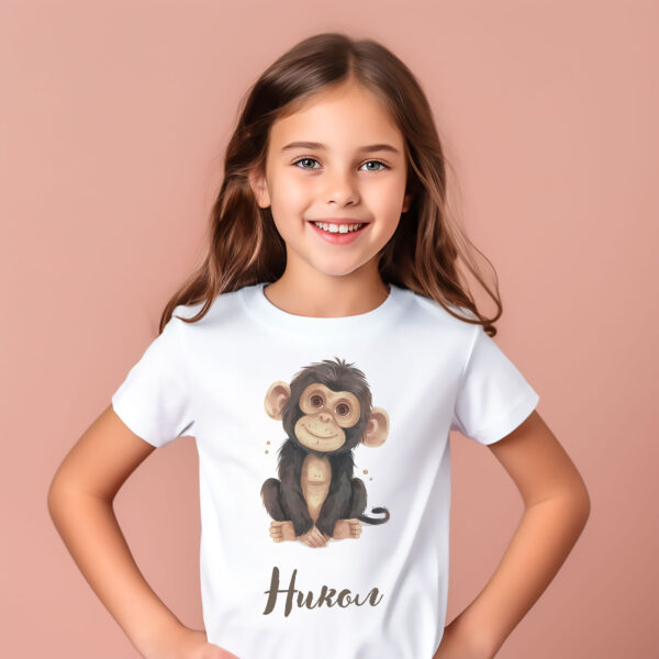 Chimpanzee WB0968 15 Детска тениска с маймунка, бял органичен памук
