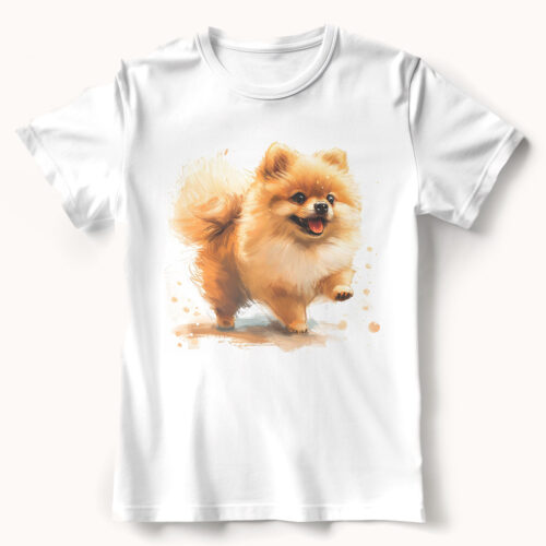 Pomeranian WB1064 11 Тениска с рижав померан в движение, акварел