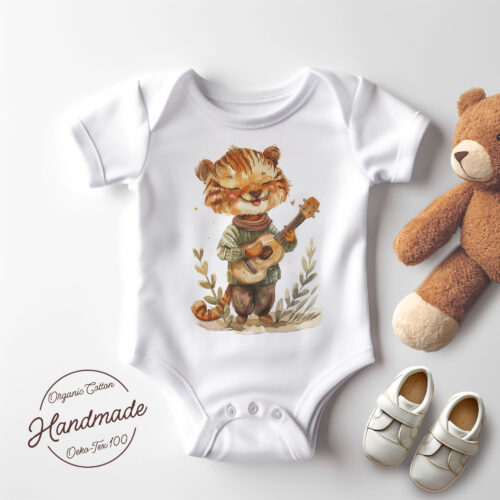 WB0982 4 Бебешко боди Детска тениска с тигърче с китара