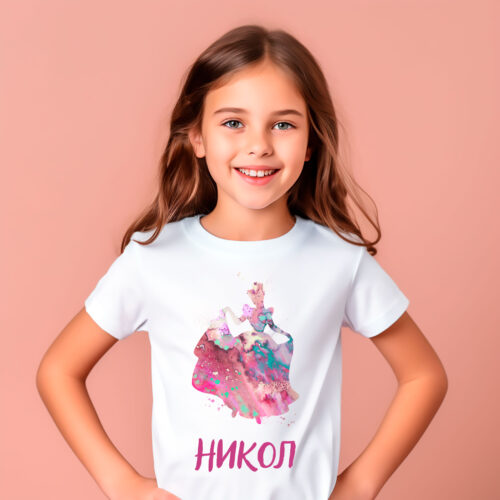 Детска тениска с Пепеляшка, акварелен силует, бял органичен памук
