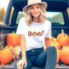 Дамска тениска за Хелоуин с надпис Щампа: Хелоуин с надпис Boo и тиквен фенер
