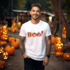 Мъжка тениска за Хелоуин с надпис Хелоуин с надпис Boo и тиквен фенер върху бял памук