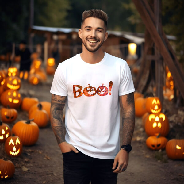 Мъжка тениска за Хелоуин с надпис Хелоуин с надпис Boo и тиквен фенер върху бял памук