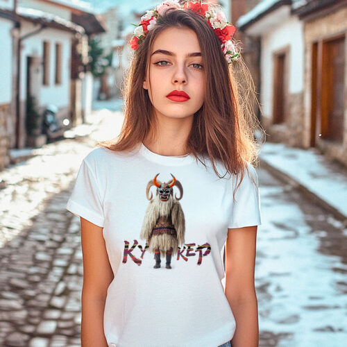 Тениска с кукер с рога и надпис Кукер, бял органичен памук