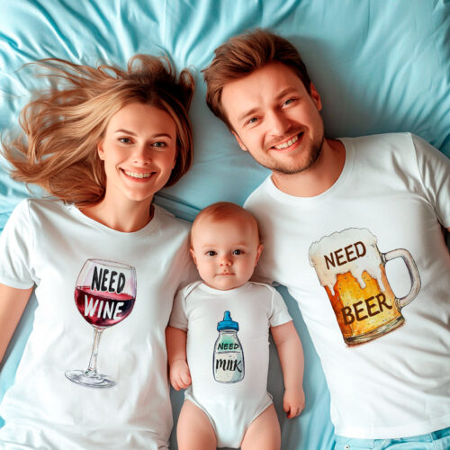 Семейни тениски Need Beer, Need Milk и Need Wine в бяло, бял органичен памук
