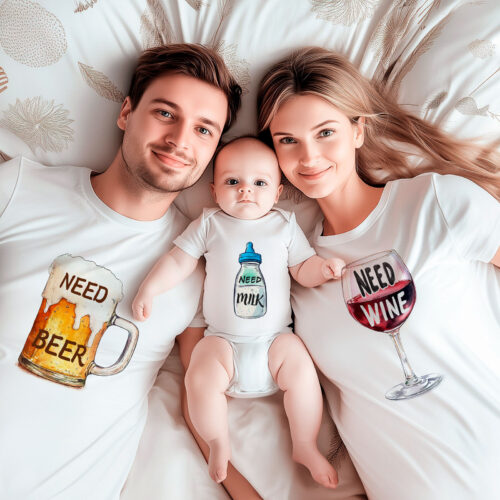 Семейни тениски Need Beer, Need Milk и Need Wine в бяло