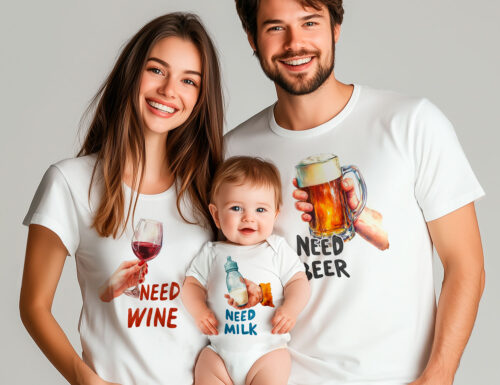 Семейни тениски с надписи Need Beer, Need Milk и Need Wine, бял органичен памук