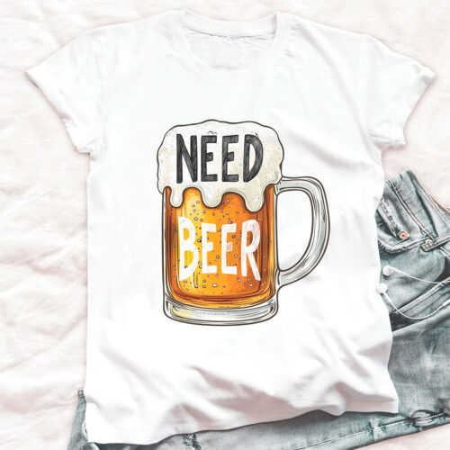 Тениска с халба бира и надпис Need Beer, бял органичен памук